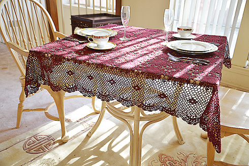 Festive Crochet Square Tablecloth. Merlot color. 54" SQ.